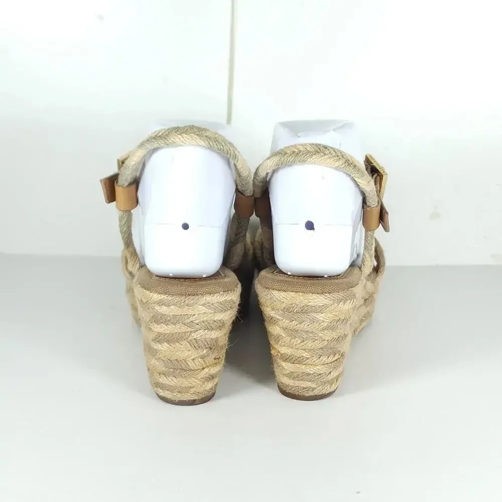 Tory Burch Camellia Women's US 8M Tan Jute Braided Rope Wedge Espadrilles